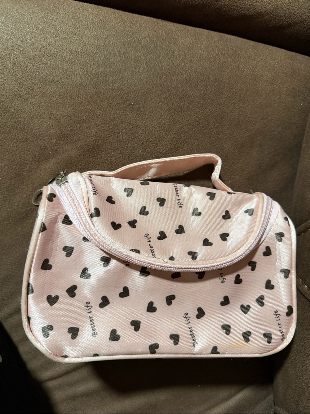 Pink Heart-Print Cosmetic Pouch with Top Handle